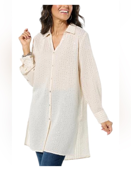 Colleen Lopez Tops - Colleen Lopez Sequin-Stripe Cream Sparkle Small Blouse Button Down